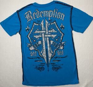Y2K Raw State Redemption Cross Graphic V Neck Tee Men’s Large Blue